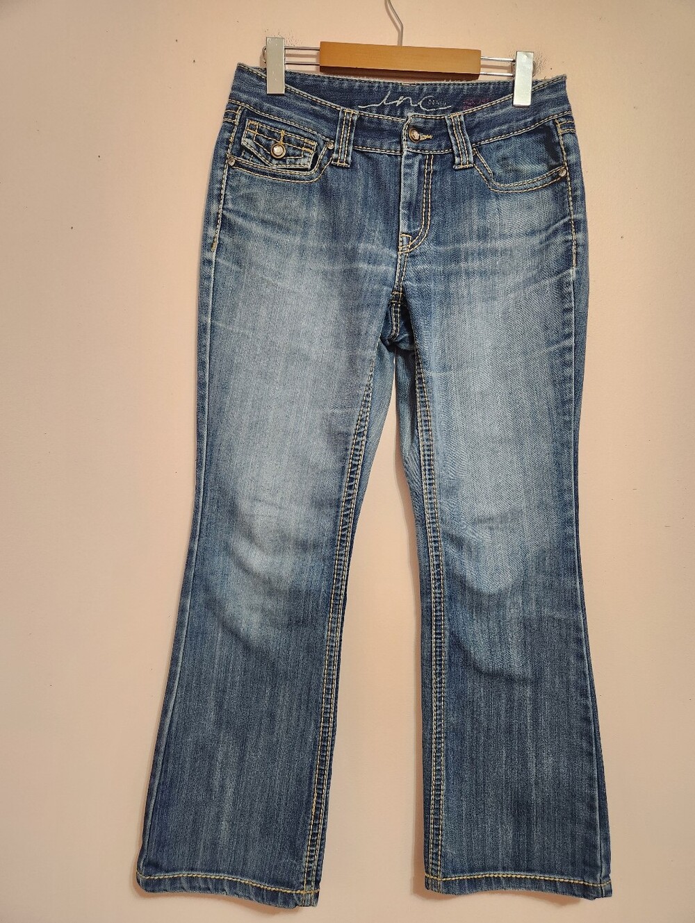 INC Denim Y2K McBling Rhinestone Embellished Flap Pocket Bootcut Jeans Size 6P